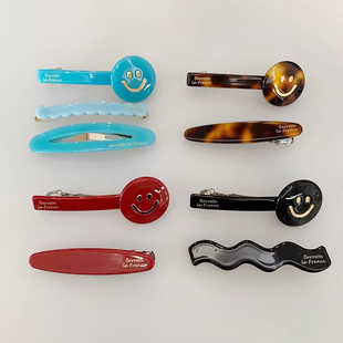 韩国进口France金标新年酒红色笑脸中古豹纹系列边夹刘海夹发夹