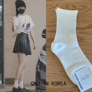 韩国进口幂幂同款白色卷边袜黑色宝蓝色棉袜女中筒袜纯色坑条袜子