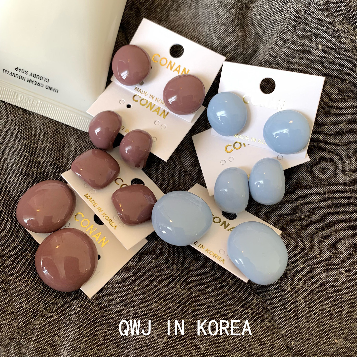 韩国进口显白婴儿蓝色金属烤漆耳钉圆形方形简洁纯色百搭耳环银针