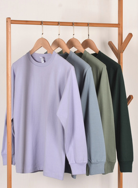 淡紫色纯色纯棉重磅全棉长袖圆领T恤男女情侣基础款大码内搭白T