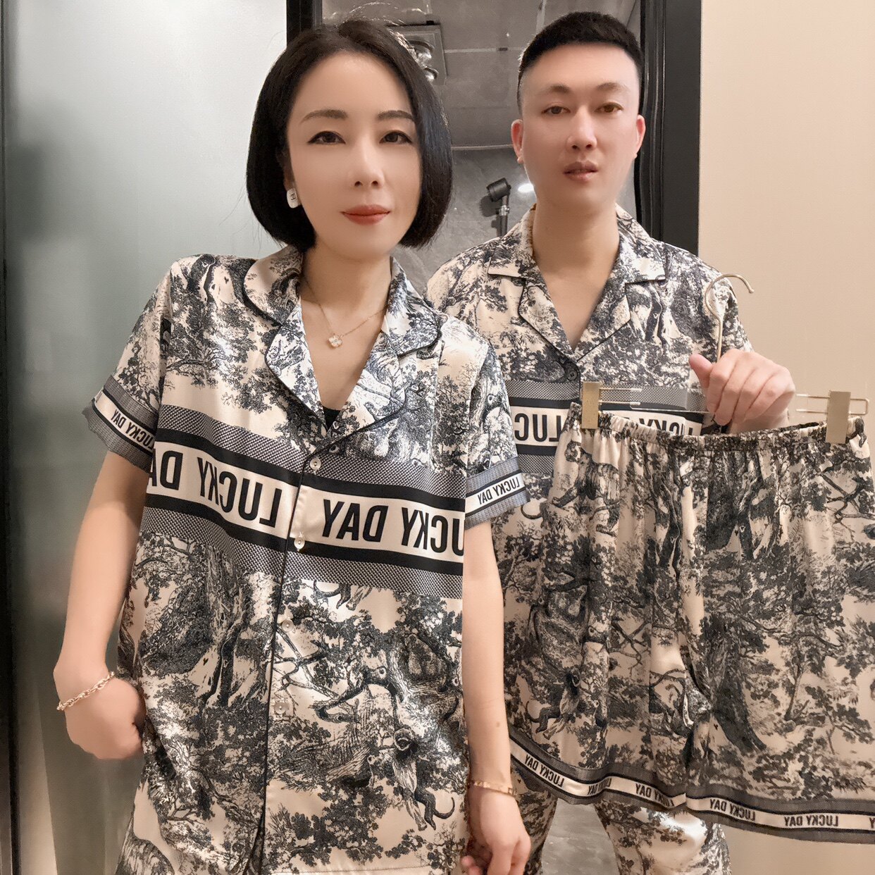 水墨画情侣款时尚冰丝睡衣薄款短袖三件套夏季男女士家居服套装