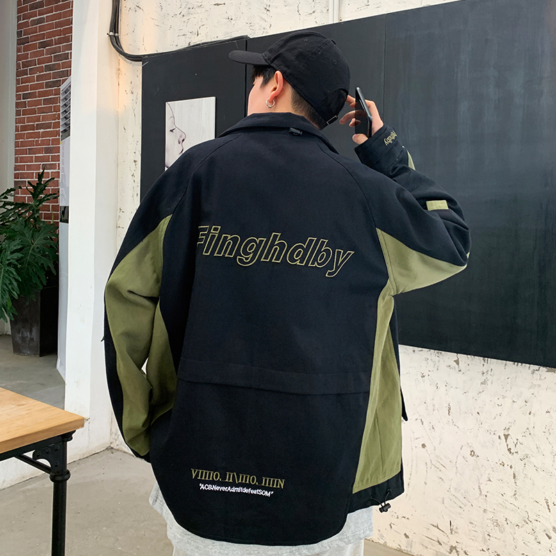 Spring and autumn new fashion brand youth contrast stitching jacket collar loose charging frock coat