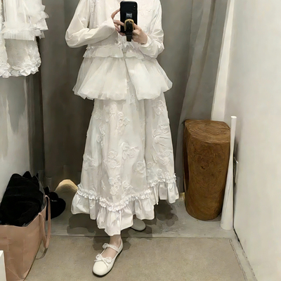 日单原单贵牌kirikomi点点家A字裙刺绣花朵半身裙松紧腰中长款裙