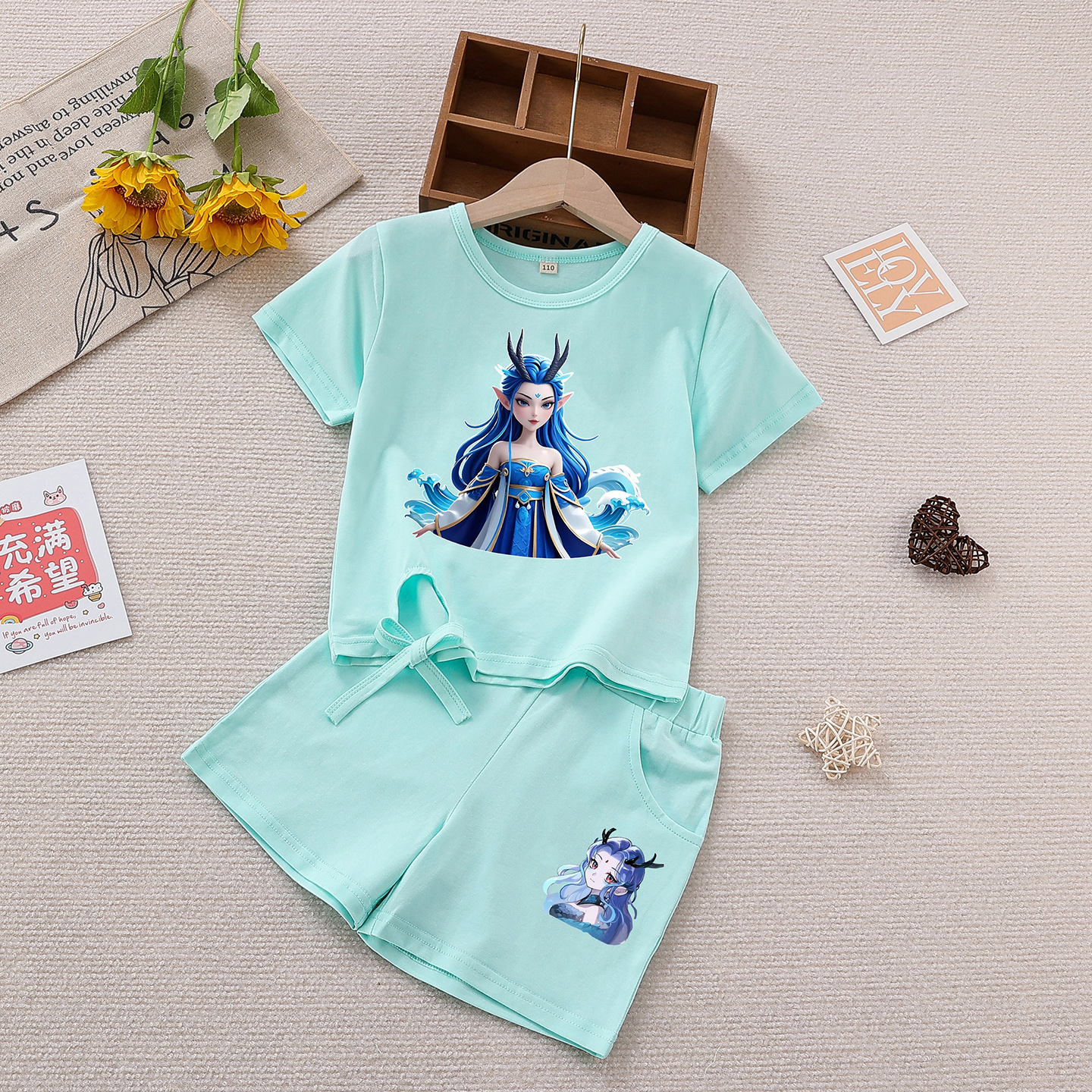 女童夏季棉短袖T恤+短裤两件套装