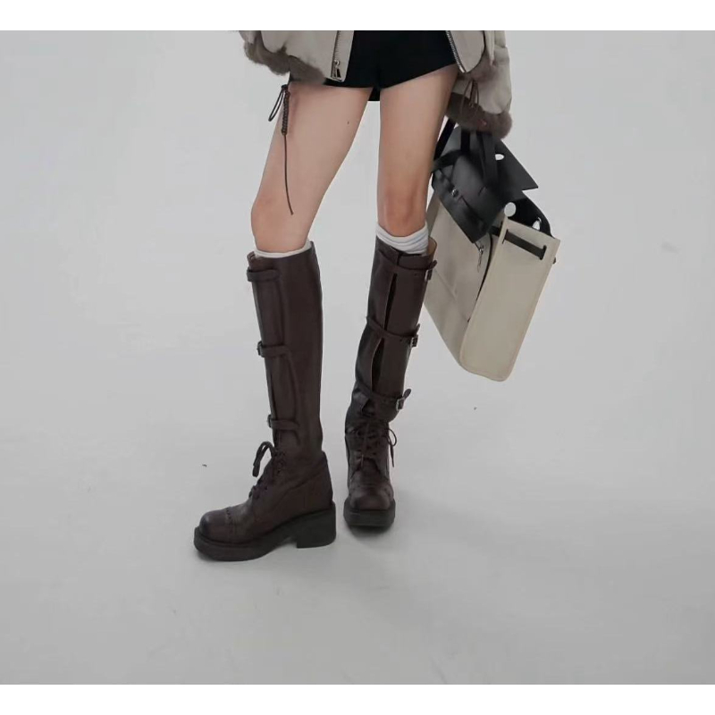 【思语】CC2525 手抓纹植鞣牛皮 复古美拉德高筒长筒靴