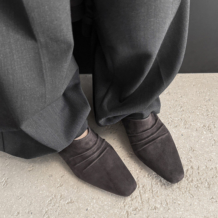 法式灰色麂皮绒面低跟浅口单鞋女粗跟方头气质女3.5cm通勤褶皱鞋,女鞋,浅口单鞋,淘宝优惠券,粉丝福利购,淘宝优惠卷