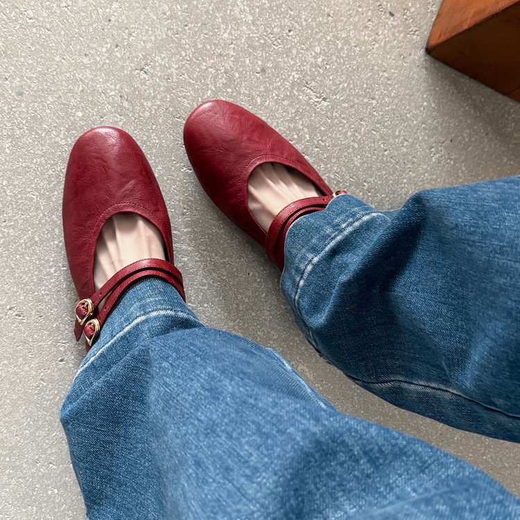 复古风酒红色玛丽珍鞋女平底一字带软底浅口单鞋真皮圆头小皮鞋女,女鞋,浅口单鞋,淘宝优惠券,粉丝福利购,淘宝优惠卷
