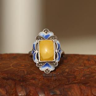 『系石苑原创订制』京工925银掐丝珐琅花丝镶鸡油黄蜜蜡复古戒指