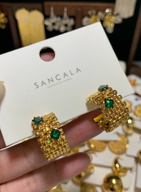 欧美冷淡风气质个性时尚百搭耳环高级感小众设计镂空绿色锆石耳圈