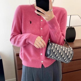 气质款100%纯羊毛开衫女刺绣小马标针织外套圆领刺绣短款毛衣宽松