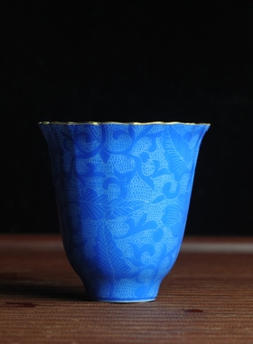 美壶网纯全手工景德镇摹古雍正蓝色扒花杯 茶杯 灰常精致 45cc