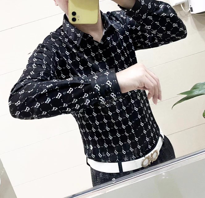 最后几件印花衬衫发型师潮男装痞帅韩版修身字母印花长袖衬衣潮流