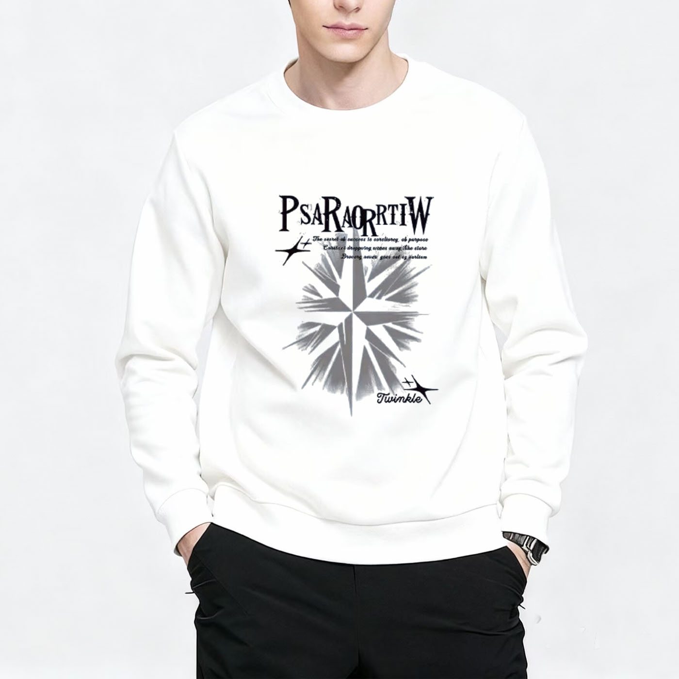 美式街头休闲风印花圆领卫衣男白色长袖套头衫潮流加绒内搭上衣