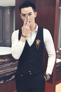 Y8744-W学院风男KTV英伦DJ马甲工作服美发师理发店大码马甲P50图片
