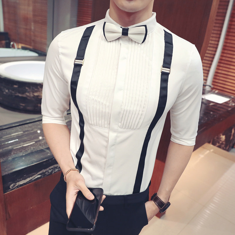 YC077-2024新款男潮修身背带装饰七分袖衬衫衬衣KTV夜店工作服P50,男装衬衫,星座717A