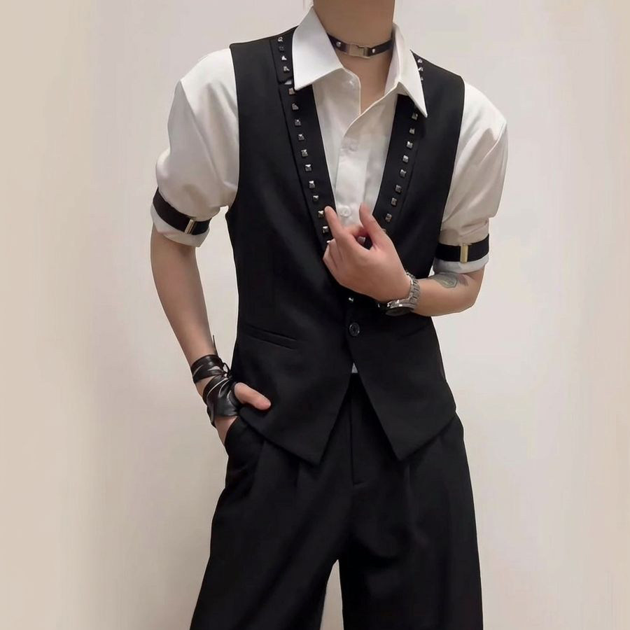QS782*铆钉暗黑V领一粒扣短款马甲男P50,男装背心/马甲,星座717A