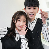 Q8471-学院风男女款情侣长袖衬衫马甲两件套假两件衬衣KTV工装P55，男装衬衫，星座717A