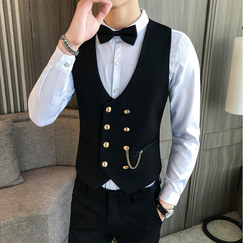 LP734-金属双排扣V领短款男马甲外套休闲马甲KTV夜店工作服P50图片