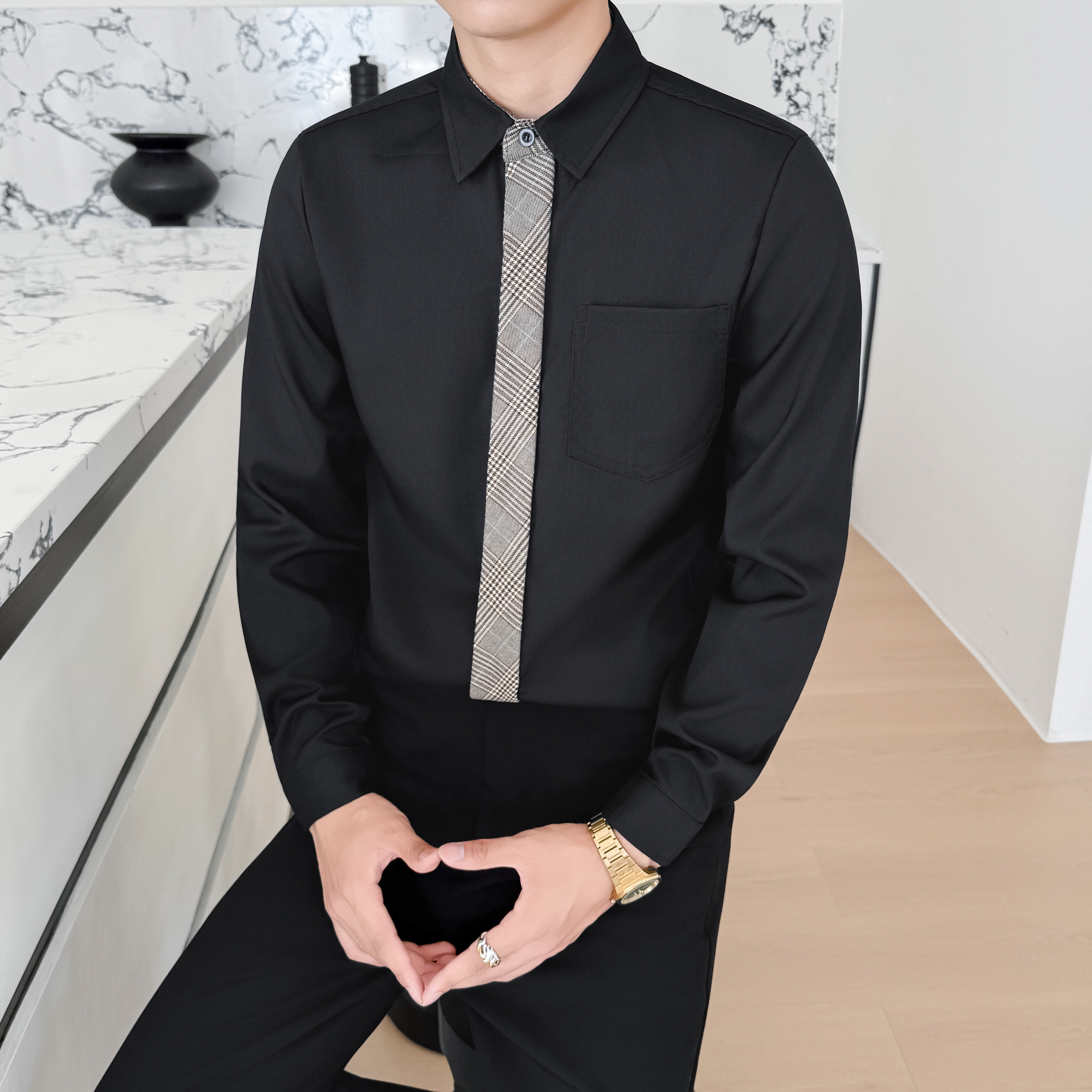 LT201*痞帅衬衫格子领带装饰男潮流韩版修身帅气长袖衬衣工服P55,男装衬衫,星座717A