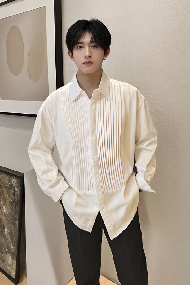 QS036*褶皱法式男长袖衬衫纯白色P48,男装衬衫,星座717A