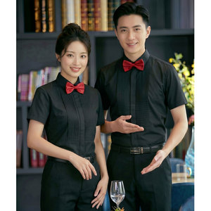 GZ143*法式褶皱纯黑色酒店餐厅KTV夏季工作服男女同款P45,男装衬衫,星座717A