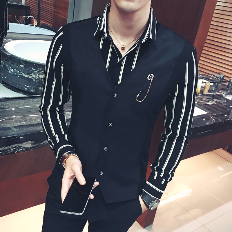 Y8471-V2020条纹衬衫马甲假两件大码工作服理发师酒吧网咖衬衣P55图片