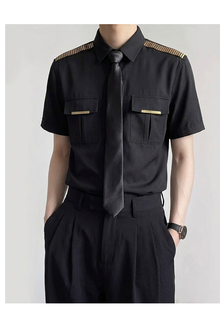 QS031*男简章亮条装饰空少短袖制服P40,男装衬衫,星座717A
