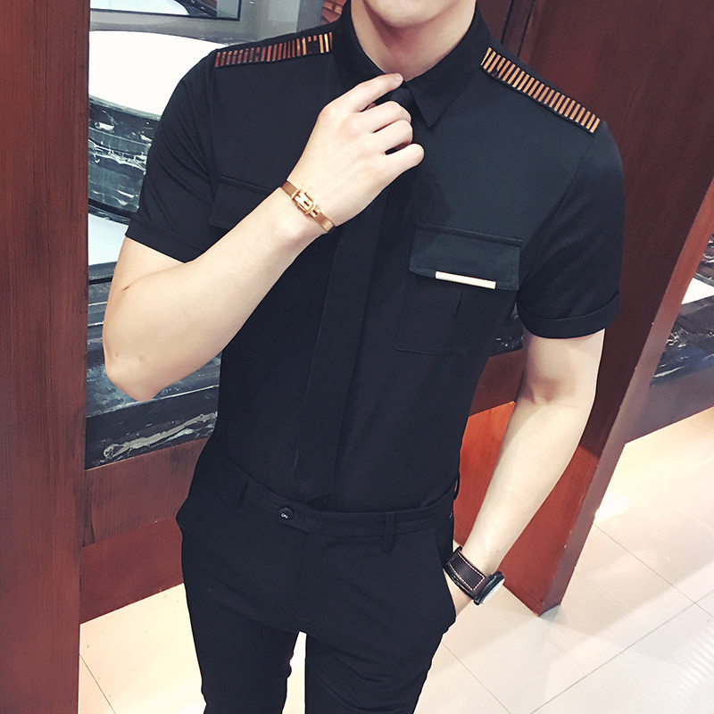 YC031-型男空少服短袖衬衫夜店KTV理发师可定制LOGO衬衣工作服P45,男装衬衫,星座717A