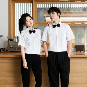QC144*男女款褶皱简约法式伴郎服餐厅酒店酒吧短袖工作服P40图片