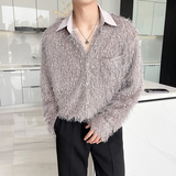 QS066*玫瑰红亮色小众宽松长袖衬衫P65，男装衬衫，星座717A
