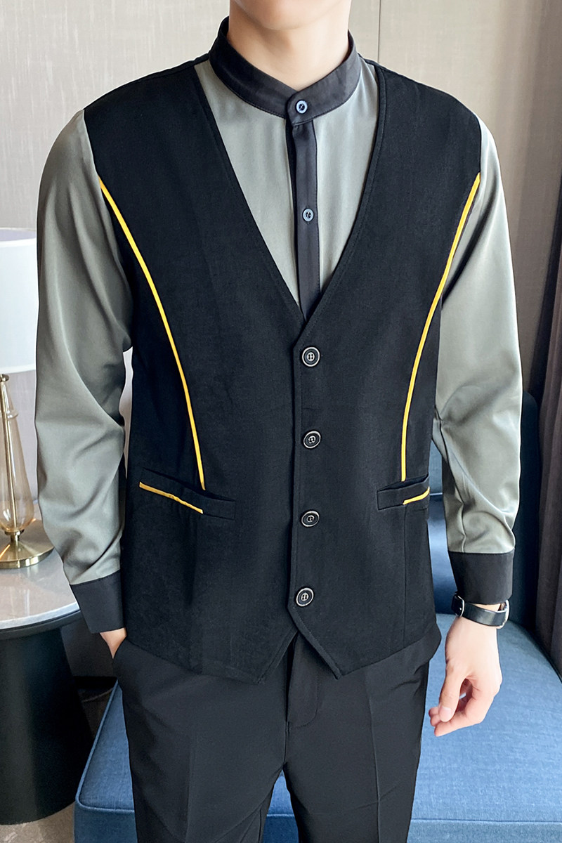 LT807*男马甲衬衫假两件灰色工作服酒吧夜店立领拼色衬衣P60,男装衬衫,星座717A