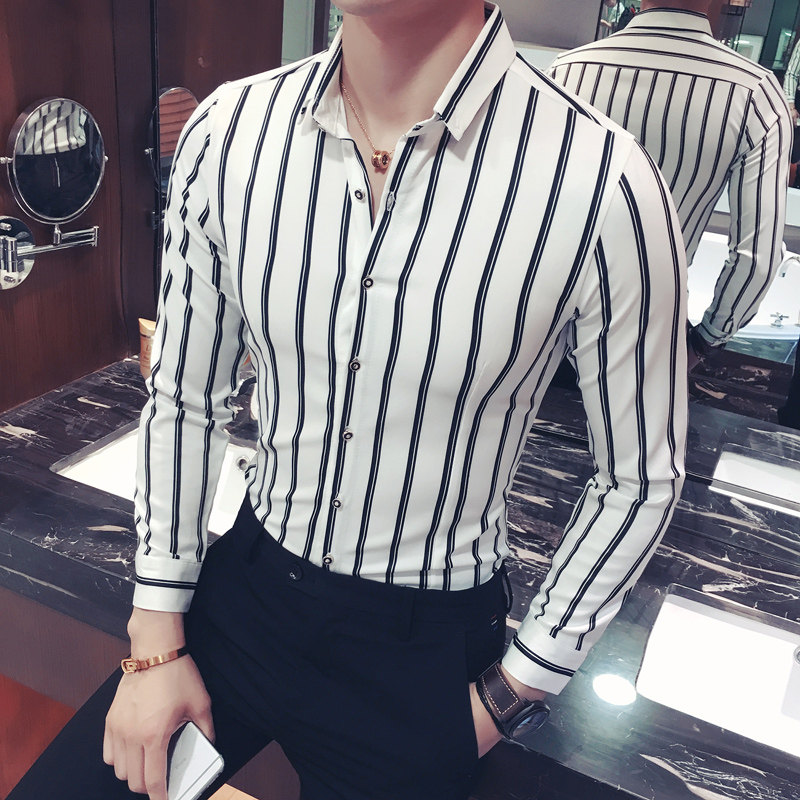 YC005-型男经典条纹长袖衬衫工作服理发师KTV衬衫工装大码男P45,男装衬衫,星座717A
