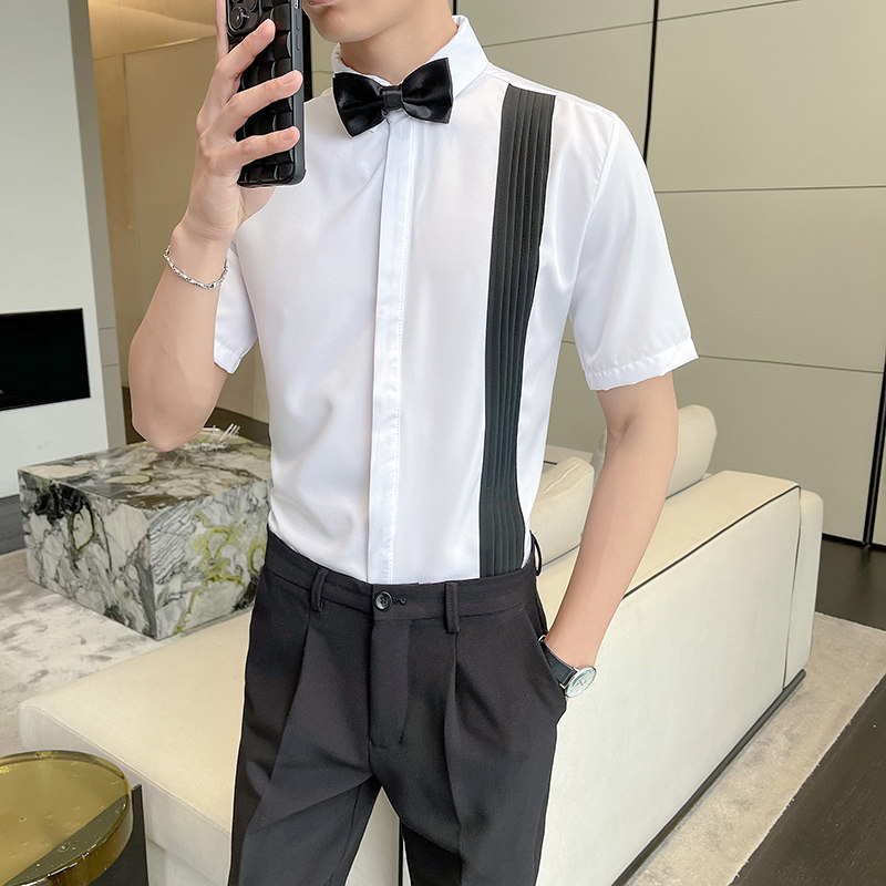 LT147*潮撞色风琴皱夏季短袖衬衫伴郎餐厅服务员KTV衬衣工作服P45,男装衬衫,星座717A