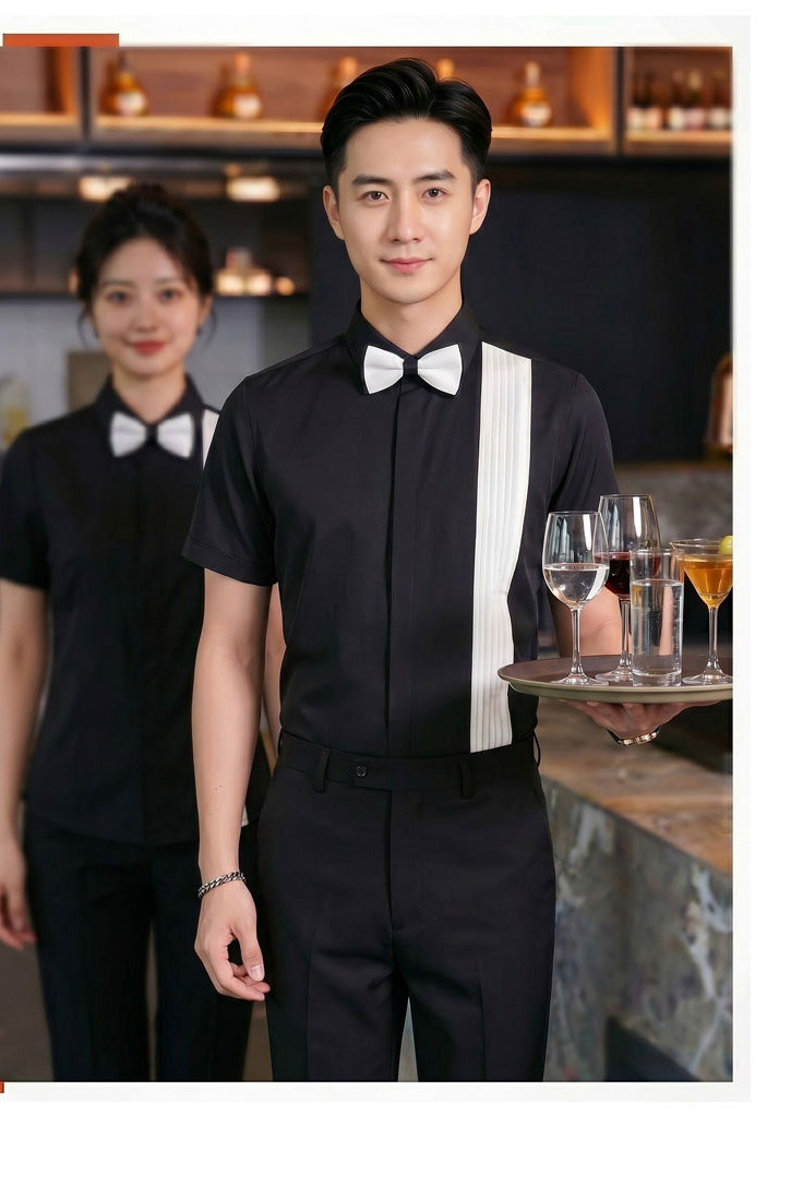 GZ147*褶皱法式黑色男女同款夜店酒吧KTV短袖衬衫工作服送领结P45,男装衬衫,星座717A