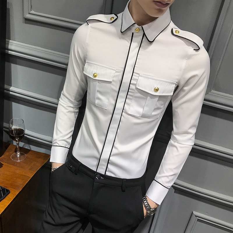 LT121-潮男社会小伙肩章空少长袖衬衣夜店酒吧KTV少爷长袖衬衫P50,男装衬衫,星座717A