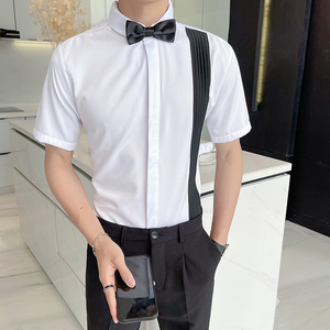 LT147*男拼色风琴皱法式短袖衬衫奶茶店餐厅服务员衬衣工装P45图片