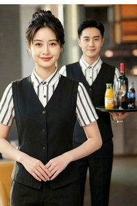 GZ135*酒店餐厅KTV男女款条纹潮短袖衬衫假两件工作服P50图片