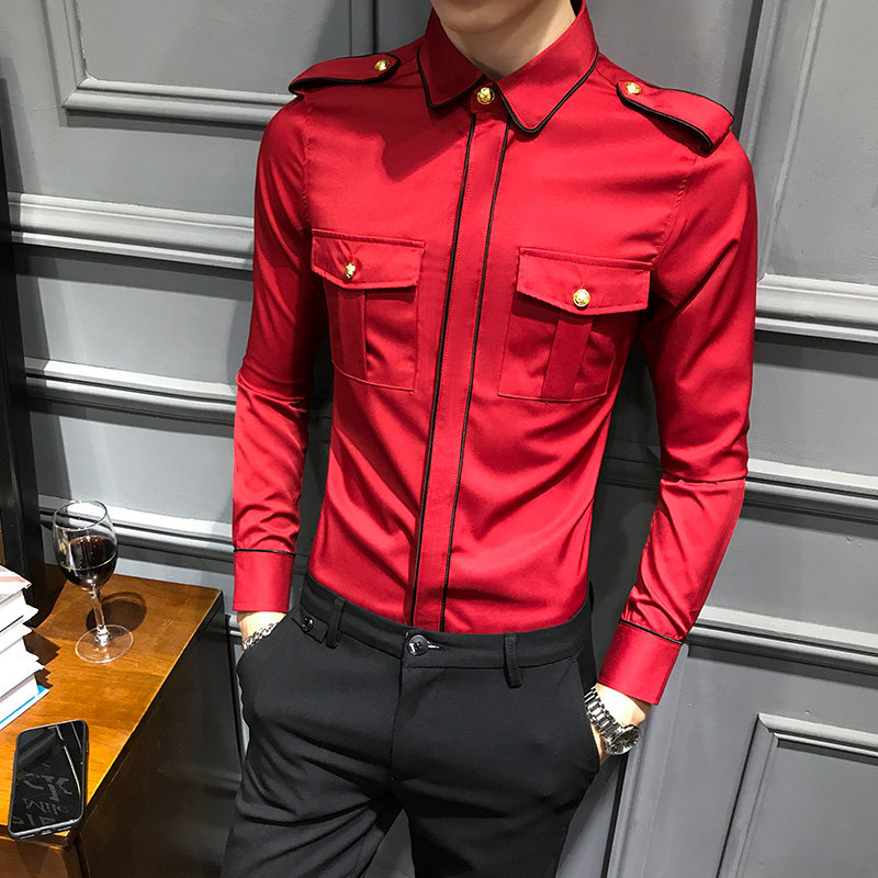 LT121-新款男肩章长袖衬衫夜店社会小伙长袖衬衣大码P50,男装衬衫,星座717A