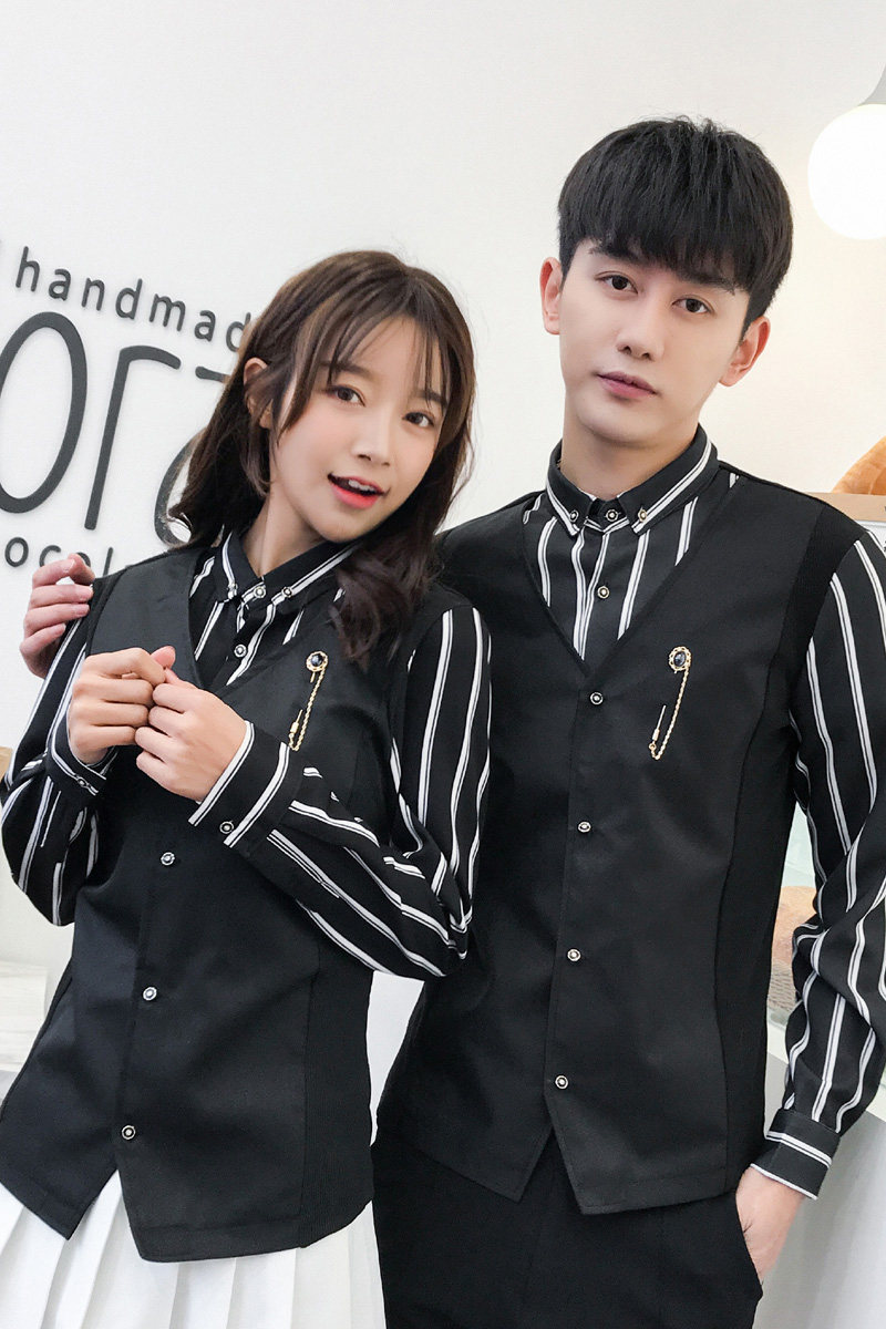 Q8471-经典条纹衬衫马甲假两件男女款夜店酒吧KTV服务生工作服P55,男装衬衫,星座717A