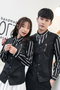 Q8471-经典条纹衬衫马甲假两件男女款夜店酒吧KTV服务生工作服P55图片