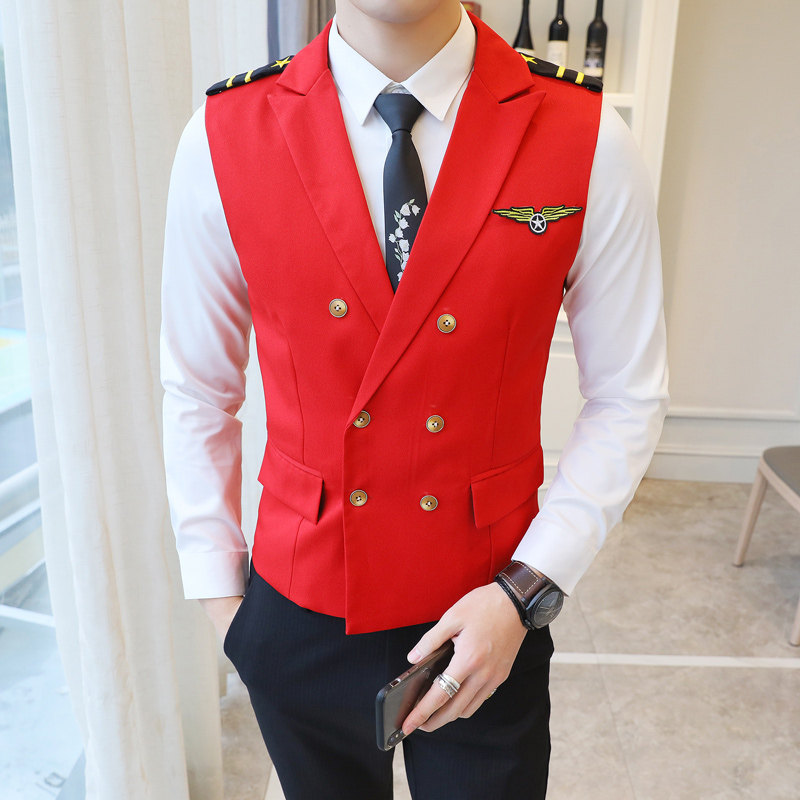 Y8758-V时尚男韩版修身短款双排扣马甲工作服肩章马甲外套黑色P50图片