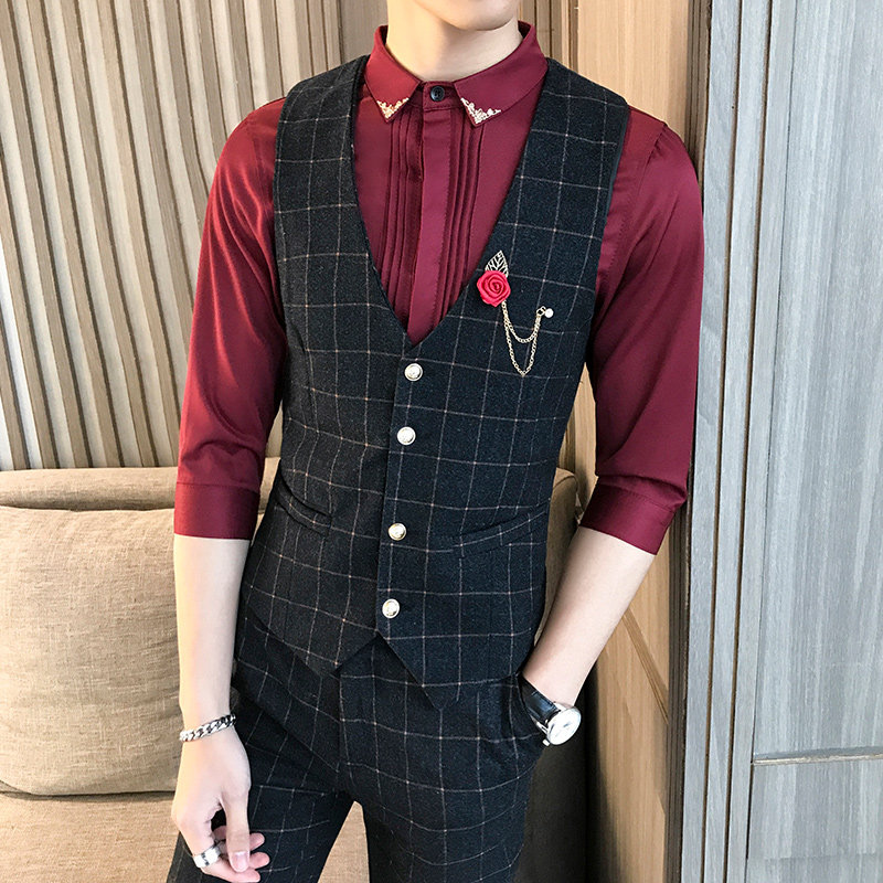 LP710-V大格子男潮休闲单排扣马甲夜店酒吧餐厅马甲工作服P50图片