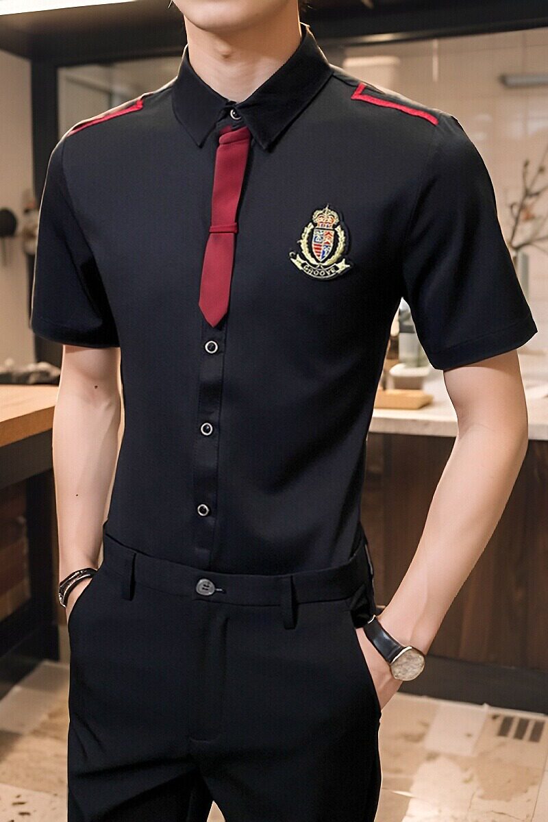 LT137*学院风短袖衬衫领带男短袖衬衣餐厅酒吧衬衫工作服P40,男装衬衫,星座717A
