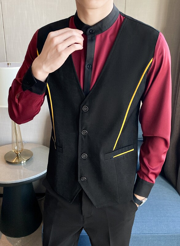 LT807*男马甲衬衫假两件灰色工作服酒吧夜店立领拼色衬衣P60,男装衬衫,星座717A