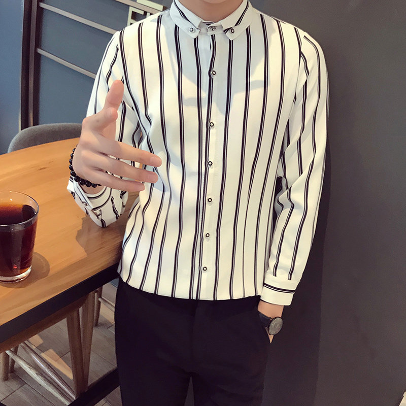 SC005-春季新款男学生青年寸衣大码发型师条纹衬衫工作服P45,男装衬衫,星座717A