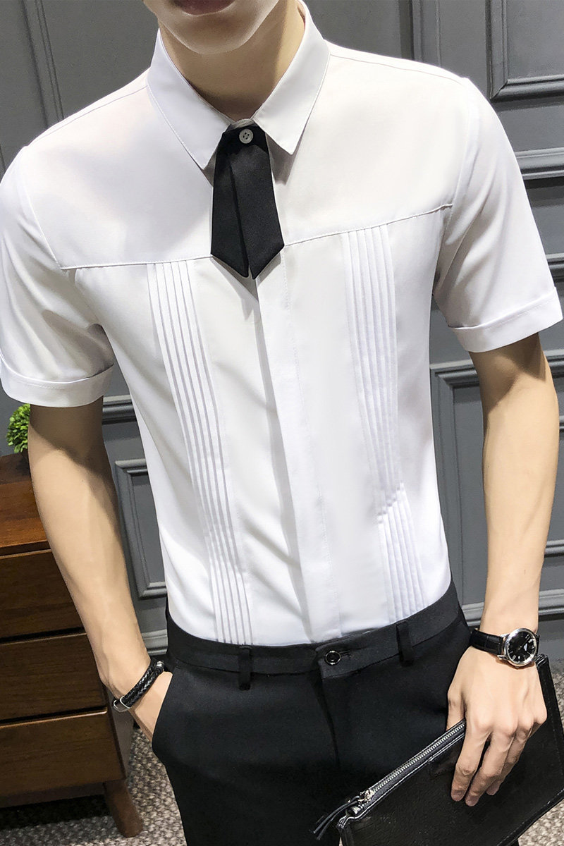 LT119-纯色领结男潮短袖衬衫少爷DJ衬衫伴郎发型师衬衣P45,男装衬衫,星座717A