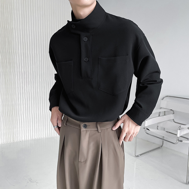 QS020*2023男潮立领宽松小众设计套头长袖衬衫秋冬休闲衬衣P55,男装衬衫,星座717A
