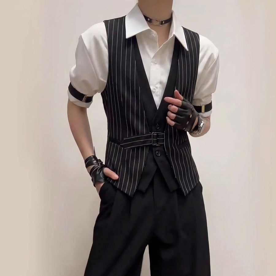 QS805*竖条纹假两件型男短款V领短马甲P50,男装背心/马甲,星座717A