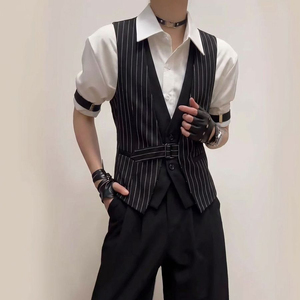 QS805*竖条纹假两件型男短款V领短马甲P50,男装背心/马甲,星座717A
