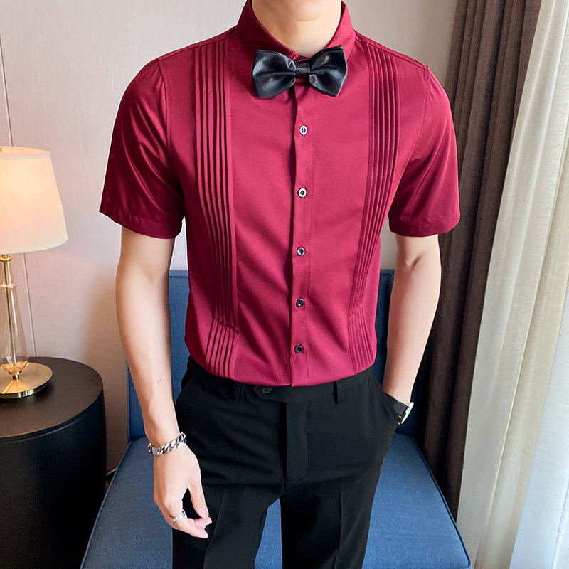 LT144*夏季青年衬衫短袖修身法式纯色工装演出服毕业服衬衣P45,男装衬衫,星座717A